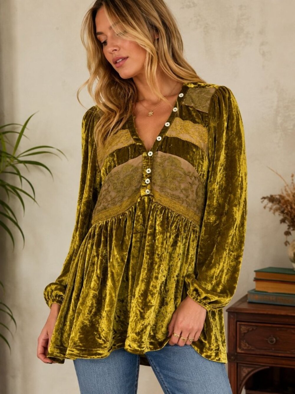 By Anthropologie Velvet Lace Babydoll Top Small Viscose Blend Romantic Boho Butt